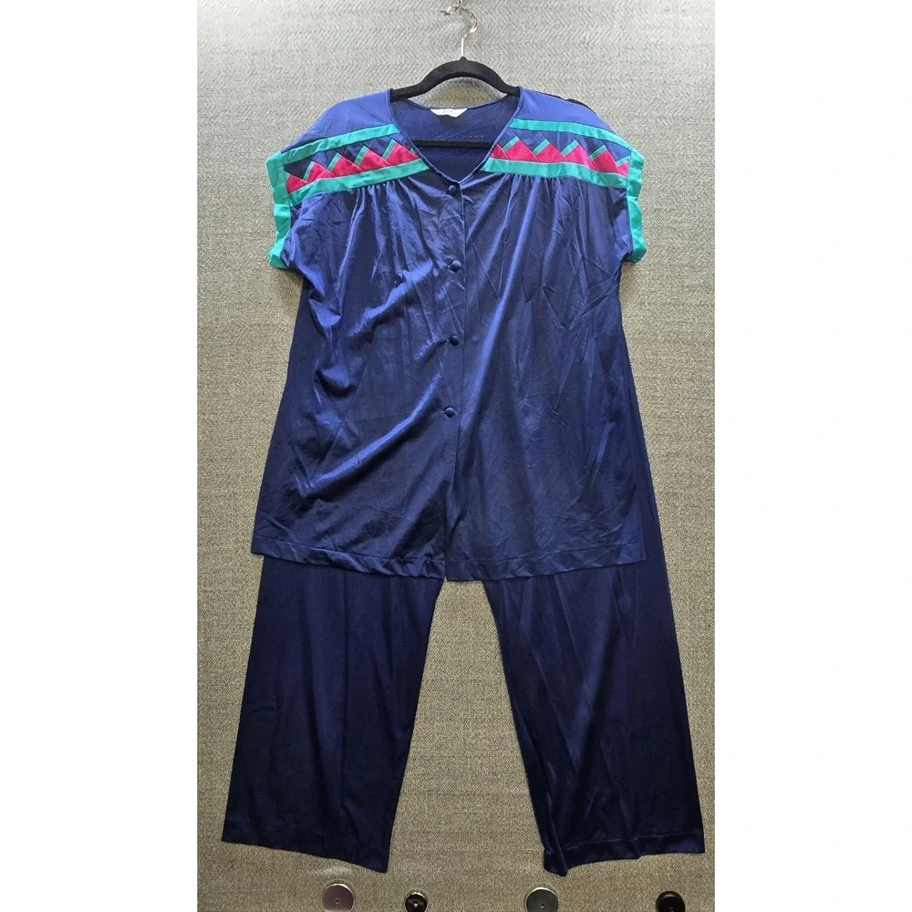Vintage Henson Kickernick Pajama Set Womens Large Blue Geometric Nylon USA 2 Pc